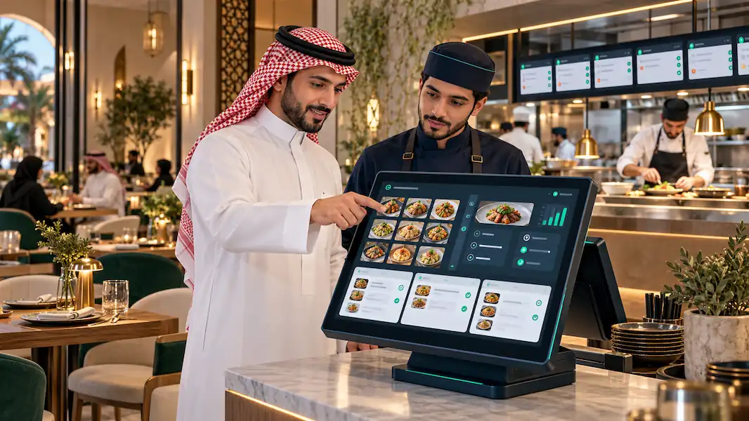 صاحب مطعم وموظف يختبران نظام نقاط البيع لتقييم تسجيل الطلبات وإدارة تشغيل المطعم